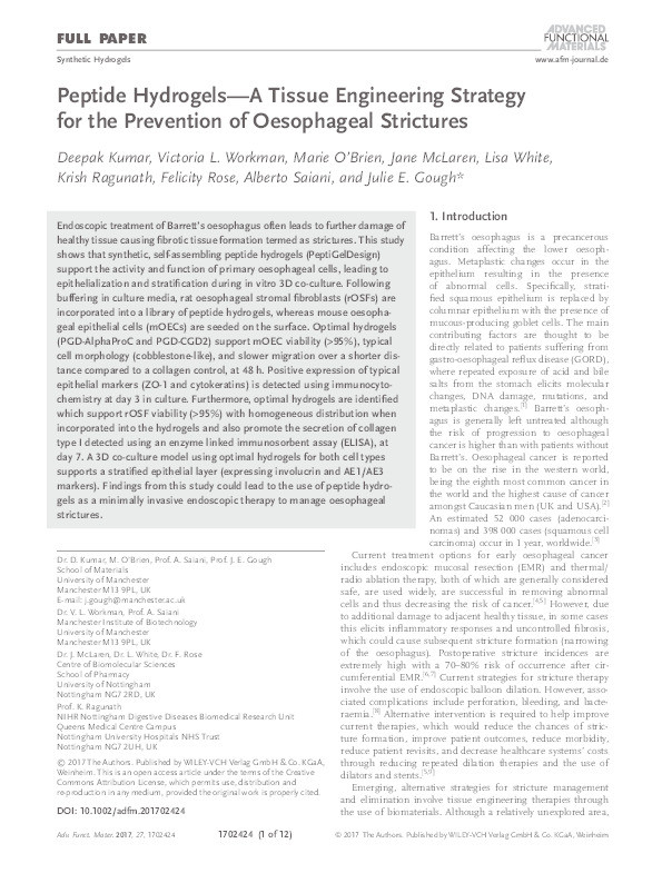 Peptide hydrogels — a tissue engineering strategy for the prevention of oesophageal strictures Thumbnail