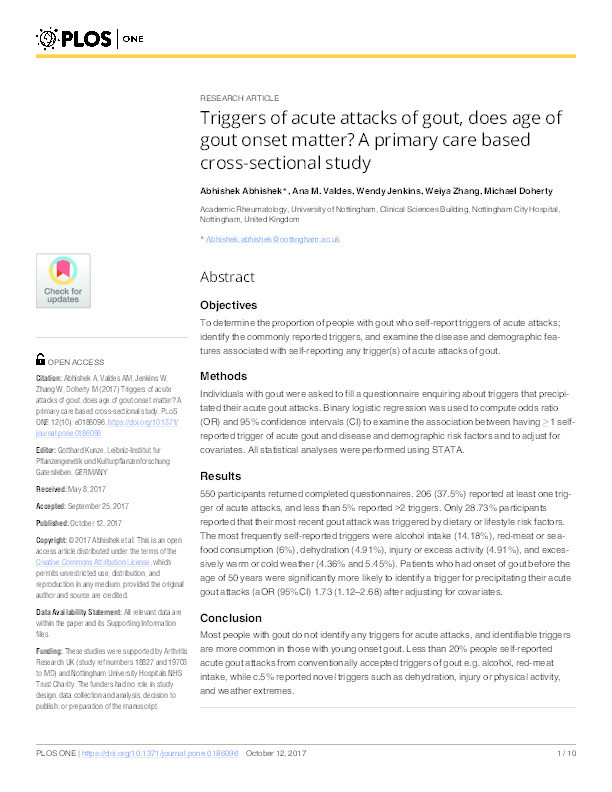 Triggers of acute attacks of gout, does age of gout onset matter?: a primary care based cross-sectional study Thumbnail