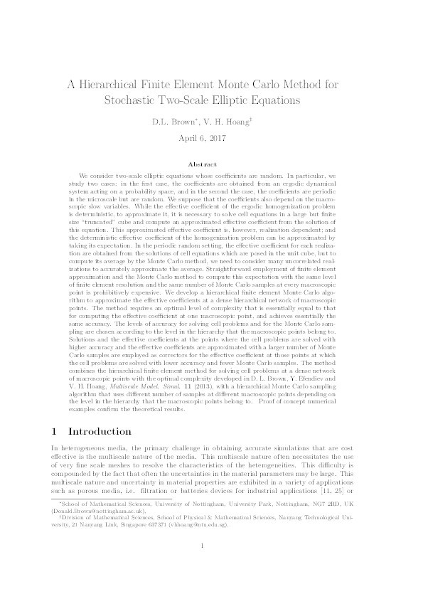 A hierarchical finite element Monte Carlo method for stochastic two-scale elliptic equations Thumbnail