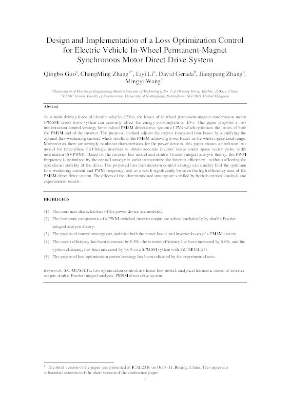 Design and implementation of a loss optimization control for electric vehicle in-wheel permanent-magnet synchronous motor direct drive system Thumbnail