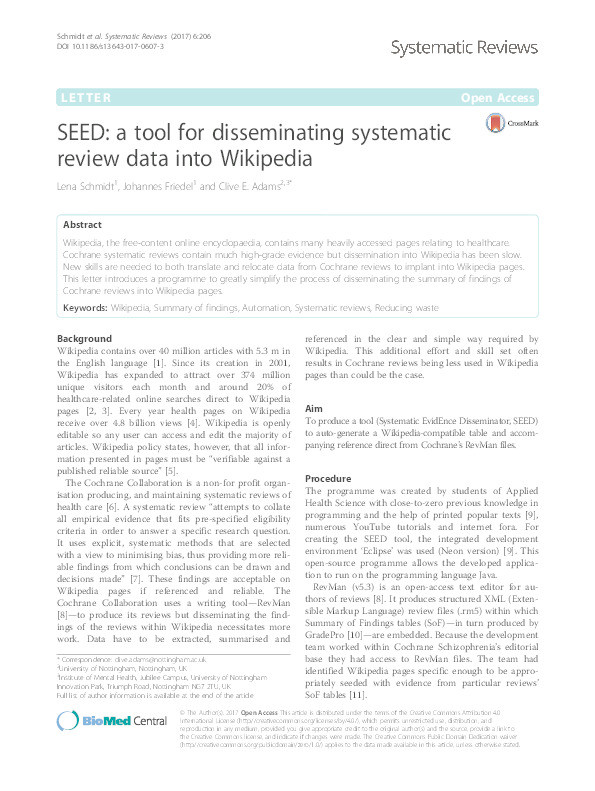 SEED: a tool for disseminating systematic review data into Wikipedia Thumbnail