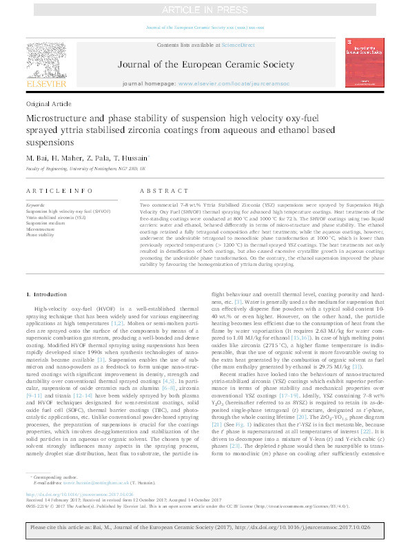 Microstructure and phase stability of suspension high velocity oxy-fuel sprayed yttria stabilised zirconia coatings from aqueous and ethanol based suspensions Thumbnail