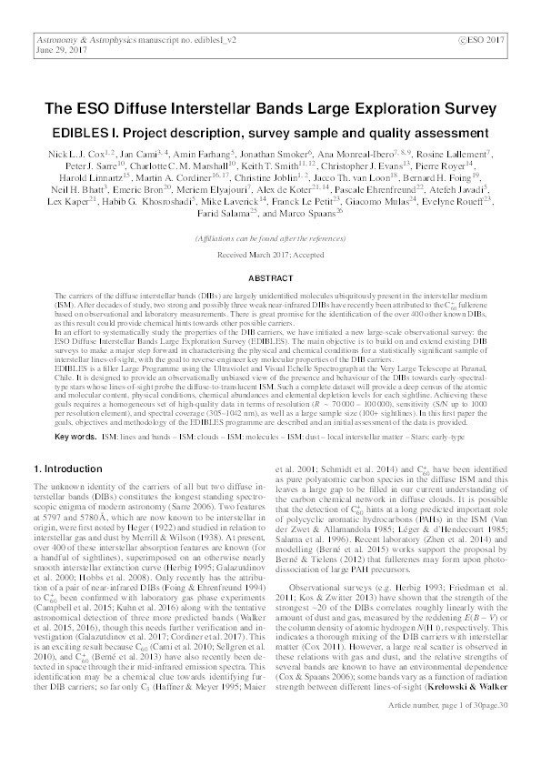 The ESO Diffuse Interstellar Bands Large Exploration Survey EDIBLES: I. Project description, survey sample and quality assessment Thumbnail