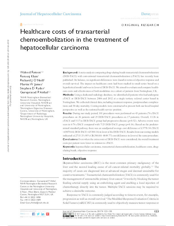 Healthcare costs of transarterial chemoembolization in the treatment of hepatocellular carcinoma Thumbnail