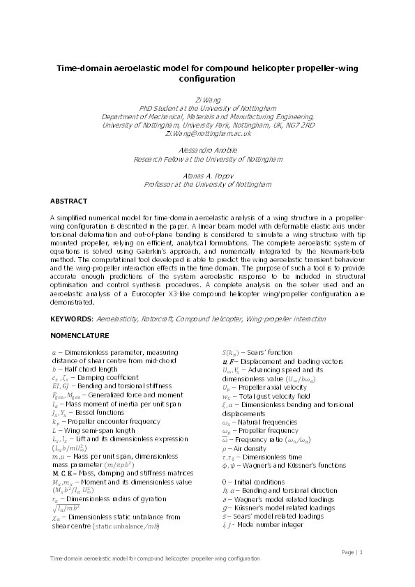 Time-domain aeroelastic model for compound helicopter propeller-wing configuration Thumbnail