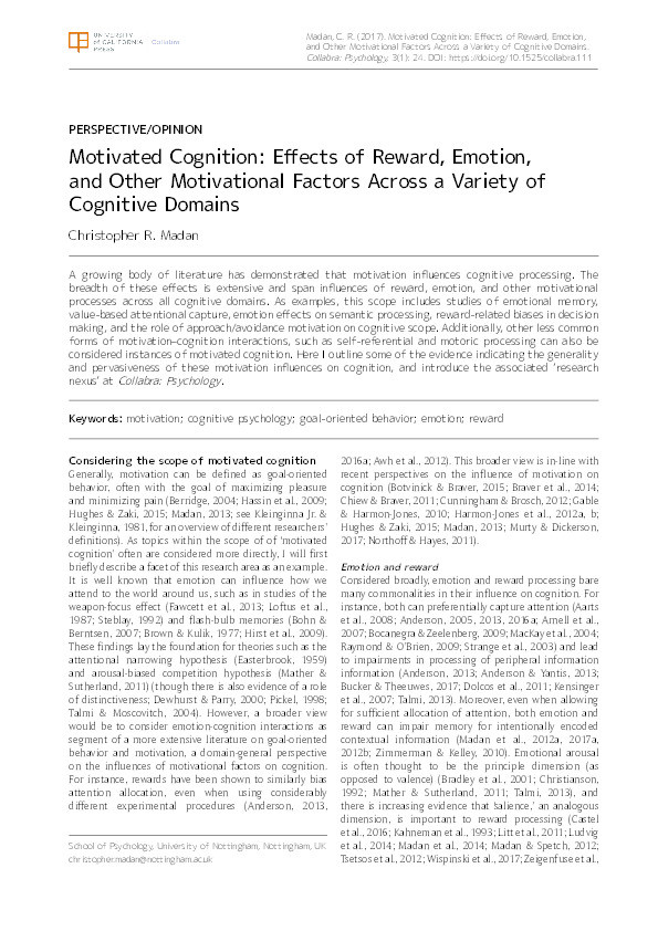 Motivated cognition: effects of reward, emotion, and other motivational factors across a variety of cognitive domains Thumbnail