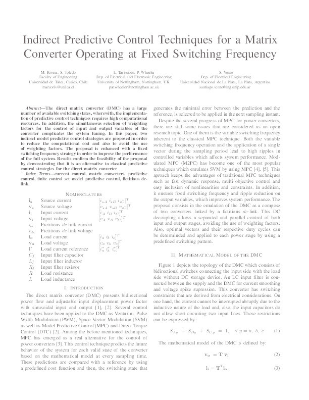 Indirect predictive control techniques for a matrix converter operating at fixed switching frequency Thumbnail