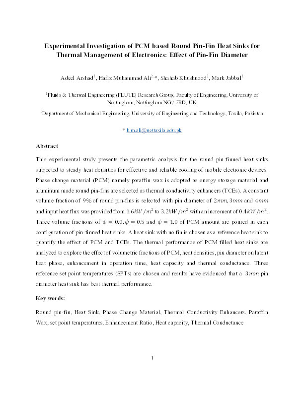Experimental investigation of PCM based round pin-fin heat sinks for thermal management of electronics: effect of pin-fin diameter Thumbnail