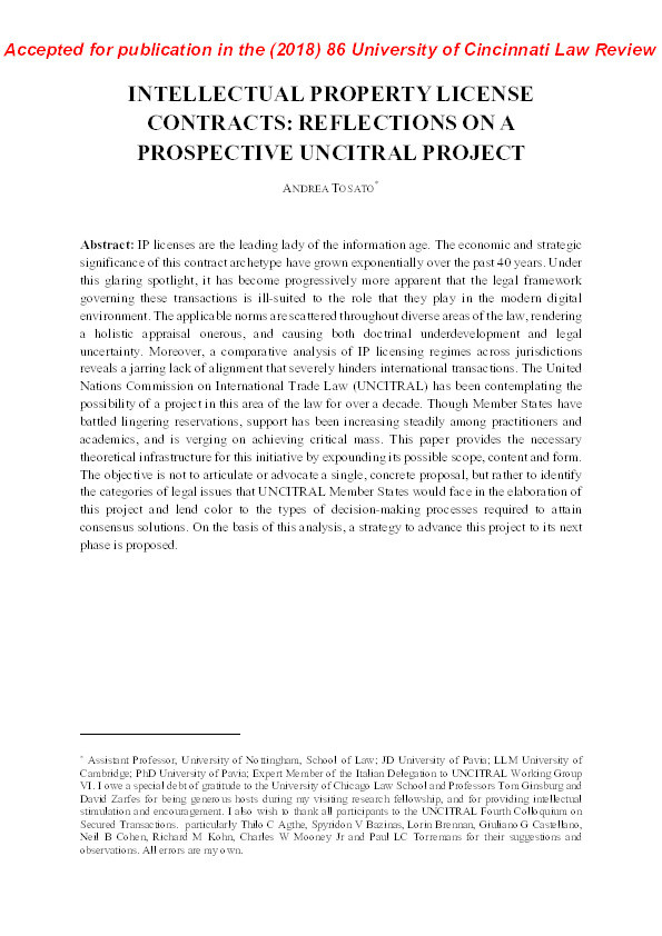 Intellectual property license contracts: reflections on a prospective UNCITRAL project Thumbnail