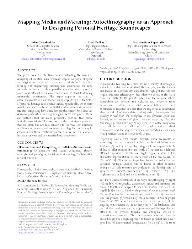 Mapping media and meaning: autoethnography as an approach to designing personal heritage soundscapes Thumbnail