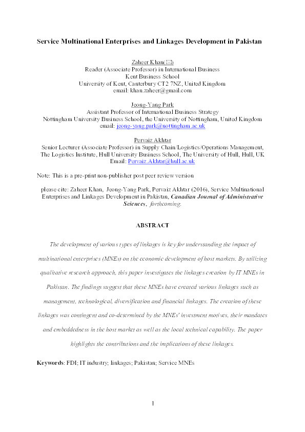 Service multinational enterprises and linkages development in Pakistan Thumbnail