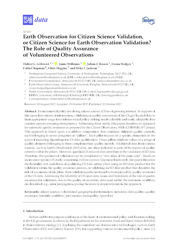 Earth observation for citizen science validation, or citizen science for earth observation validation? The role of quality assurance of volunteered observations Thumbnail