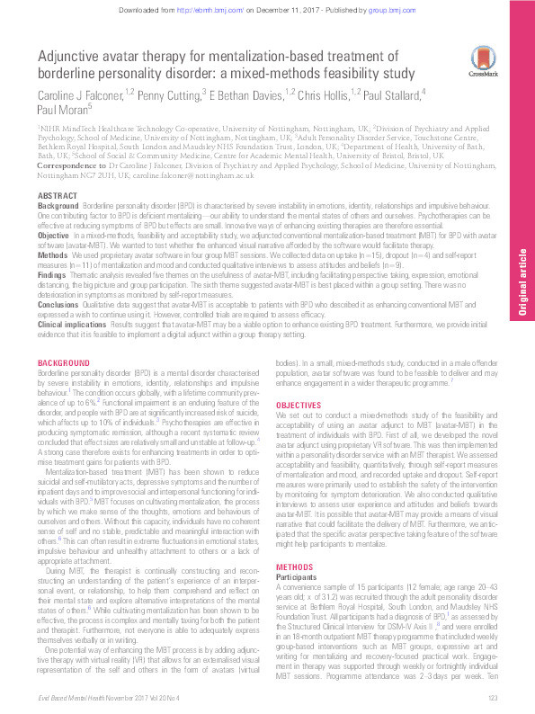 Adjunctive avatar therapy for mentalization based treatment of borderline personality disorder: a mixed methods feasibility study Thumbnail