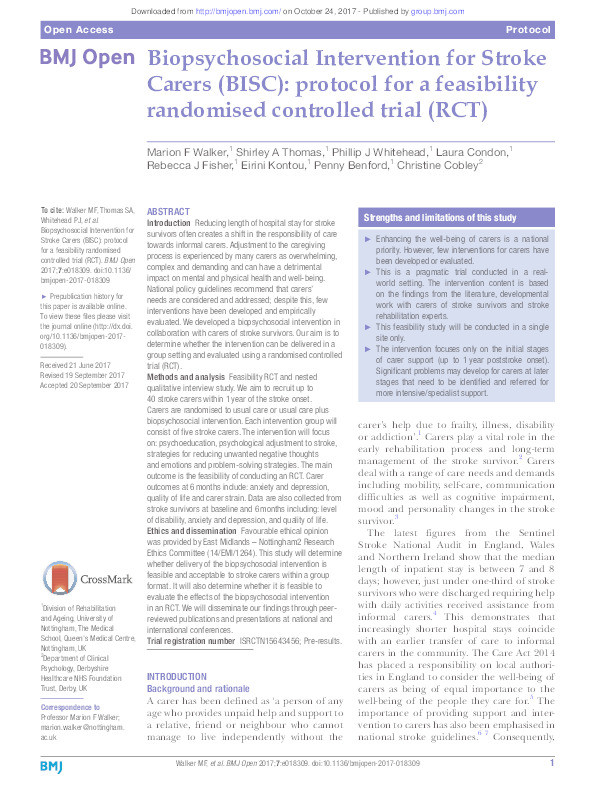Biopsychosocial Intervention for Stroke Carers (BISC): protocol for a feasibility randomized controlled trial Thumbnail