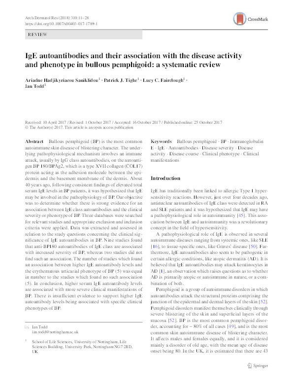 IgE autoantibodies and their association with the disease activity and phenotype in Bullous Pemphigoid: a systematic review Thumbnail