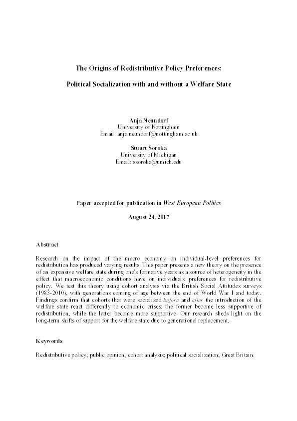 The origins of redistributive policy preferences: political socialisation with and without a welfare state Thumbnail