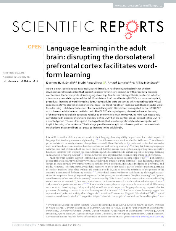 Language learning in the adult brain: disrupting the dorsolateral prefrontal cortex facilitates word-form learning Thumbnail