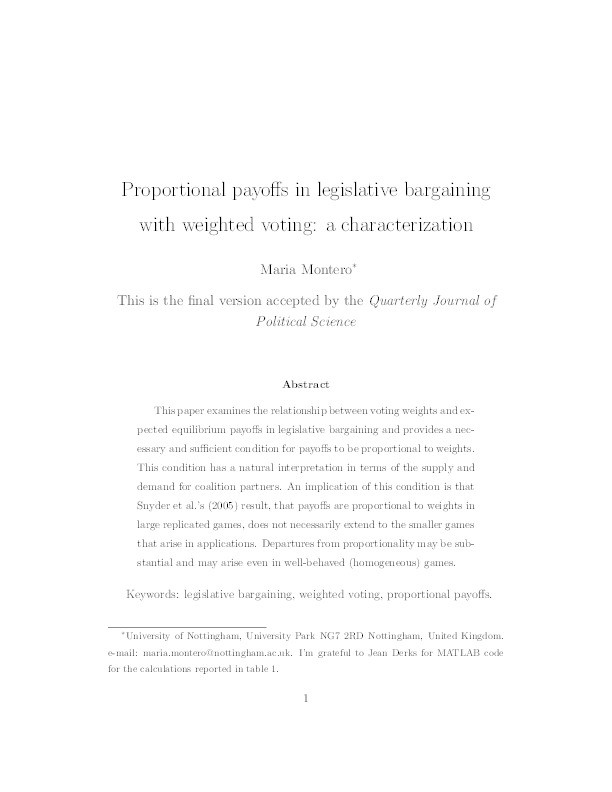 Proportional payoffs in legislative bargaining with weighted voting: a characterization Thumbnail