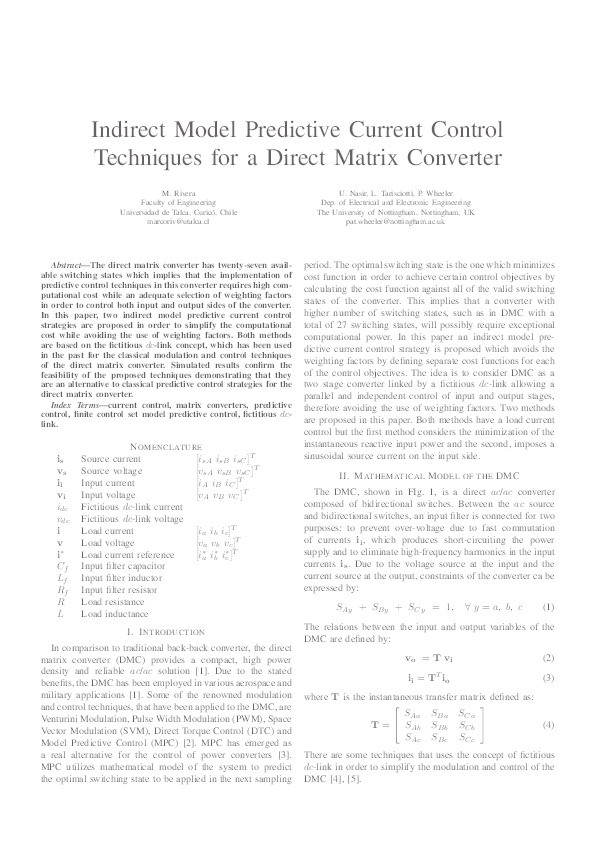 Indirect model predictive current control techniques for a direct matrix converter Thumbnail