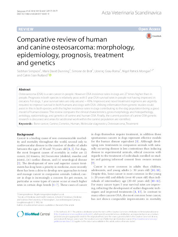 Comparative review of human and canine osteosarcoma: morphology, epidemiology, prognosis, treatment and genetics Thumbnail