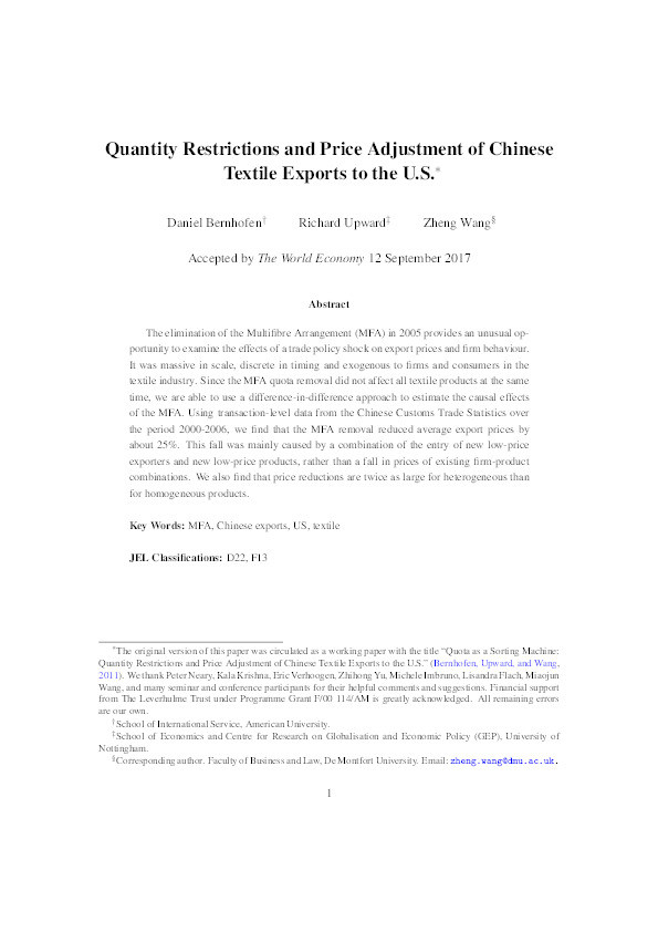 Quantity restrictions and price adjustment of Chinese textile exports to the U.S. Thumbnail