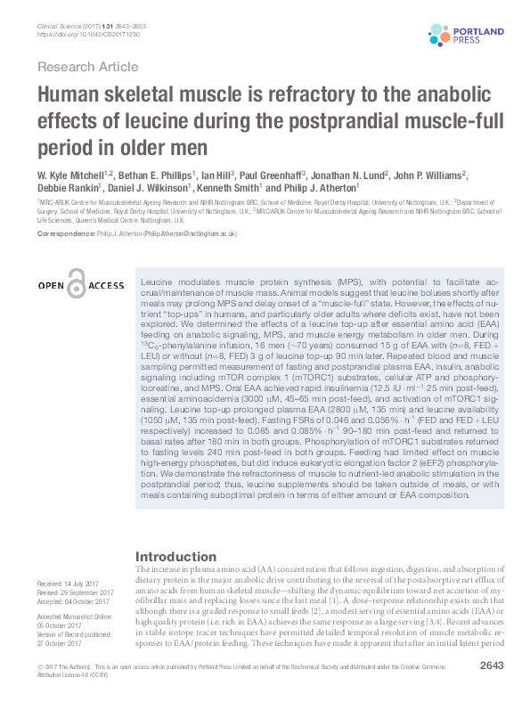 Human skeletal muscle is refractory to the anabolic effects of leucine during the postprandial muscle-full period in older men Thumbnail