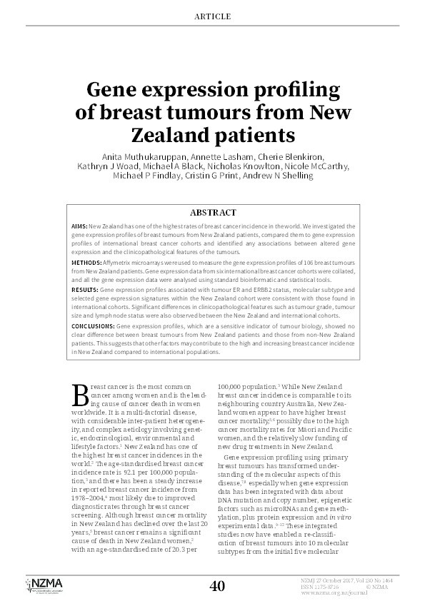 Gene expression profiling of breast tumours from New Zealand patients Thumbnail
