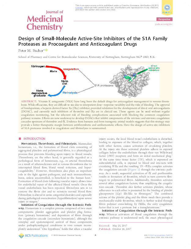 Design of small-molecule active-site inhibitors of the S1A family proteases as procoagulant and anticoagulant drugs Thumbnail