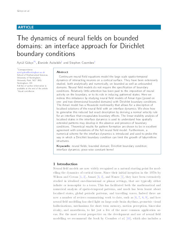The Dynamics of Neural Fields on Bounded Domains: An Interface Approach for Dirichlet Boundary Conditions Thumbnail