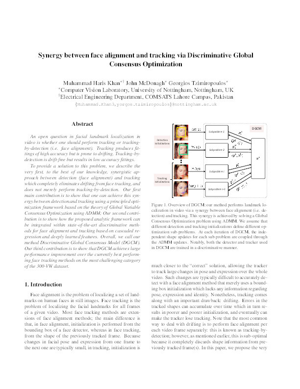 Synergy between face alignment and tracking via Discriminative Global Consensus Optimization Thumbnail