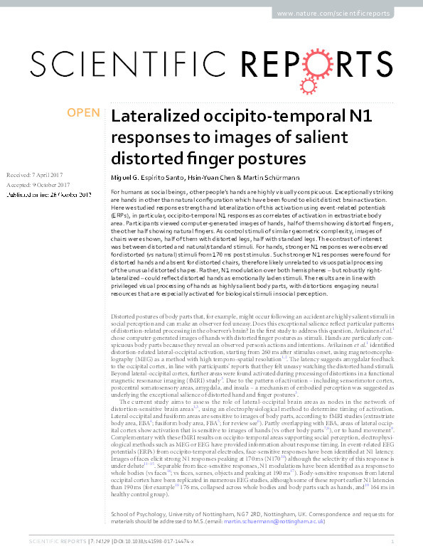 Lateralized occipito-temporal N1 responses to images of salient distorted finger postures Thumbnail