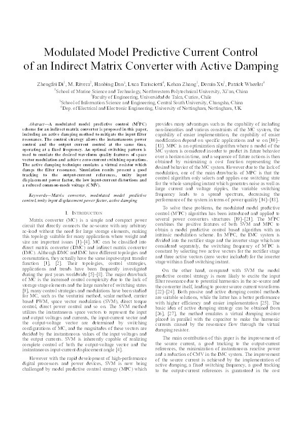 Modulated model predictive current control of an indirect matrix converter with active damping Thumbnail