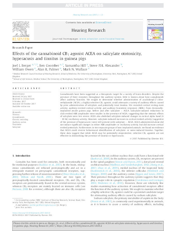 Effects of the cannabinoid CB1 agonist ACEA on salicylate ototoxicity, hyperacusis and tinnitus in guinea pigs Thumbnail