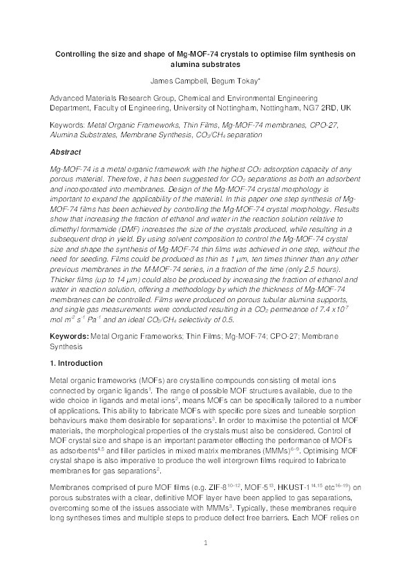 Controlling the size and shape of Mg-MOF-74 crystals to optimise film synthesis on alumina substrates Thumbnail