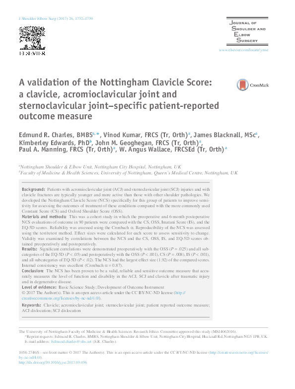 A validation of the Nottingham Clavicle Score: a clavicle, acromioclavicular joint and sternoclavicular joint–specific patient-reported outcome measure Thumbnail