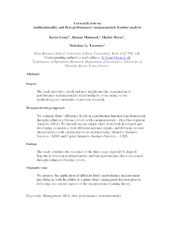 A research note on multinationality and firm performance: nonparametric frontier analysis Thumbnail