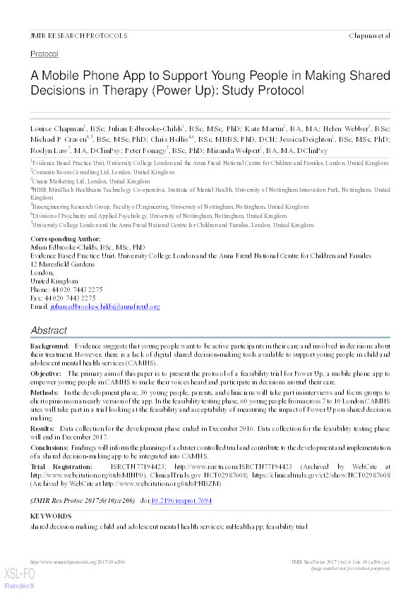 A mobile phone app to support young people in making shared decisions in therapy (Power Up): study protocol Thumbnail