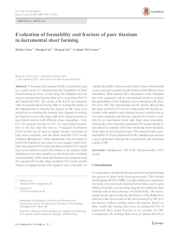 Evaluation of formability and fracture of pure titanium in incremental sheet forming Thumbnail