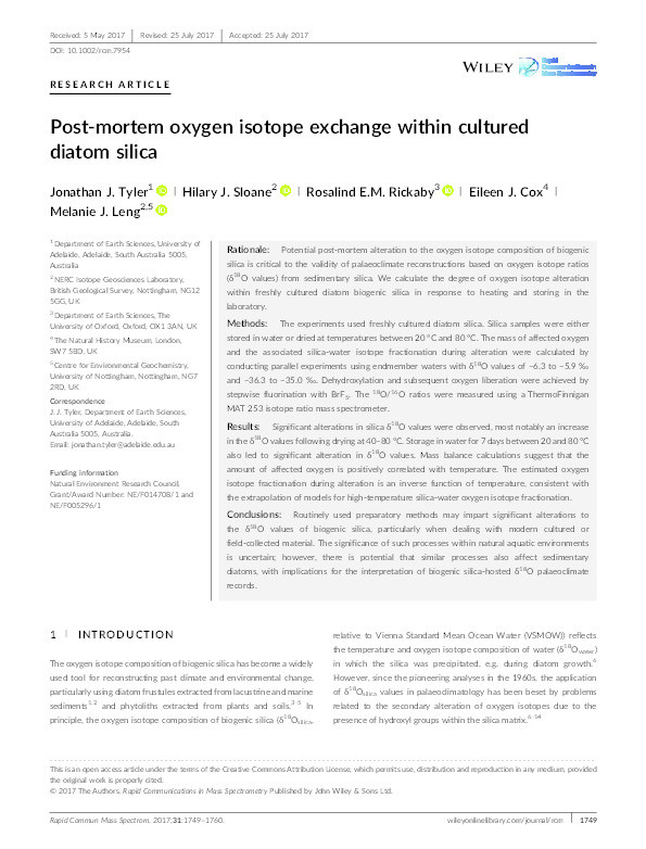 Post-mortem oxygen isotope exchange within cultured diatom silica Thumbnail