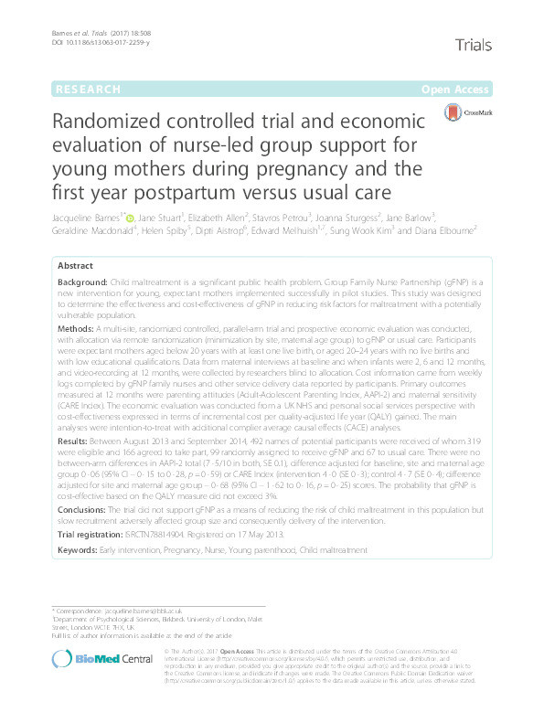 Randomized controlled trial and economic evaluation of nurse-led group support for young mothers during pregnancy and the first year postpartum versus usual care Thumbnail