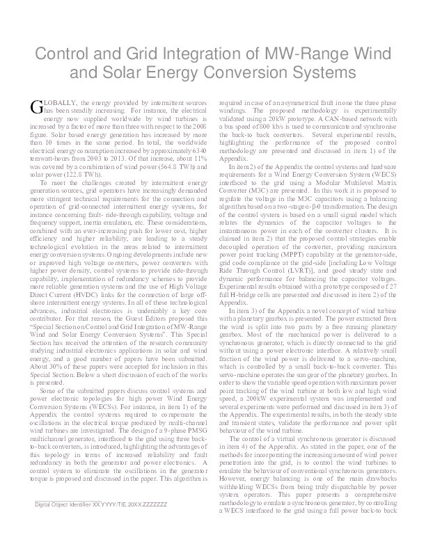 Control and grid integration of MW-range wind and solar energy conversion systems Thumbnail