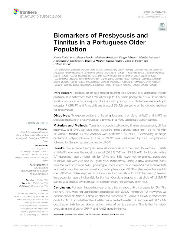 Biomarkers of presbycusis and tinnitus in a Portuguese older population Thumbnail