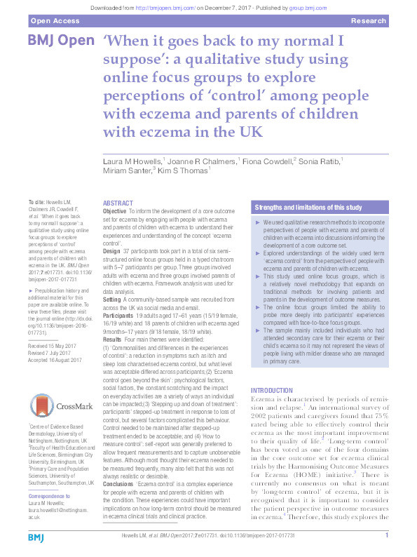 'When it goes back to my normal I suppose': A qualitative study using online focus groups to explore perceptions of 'control' among people with eczema and parents of children with eczema in the UK Thumbnail