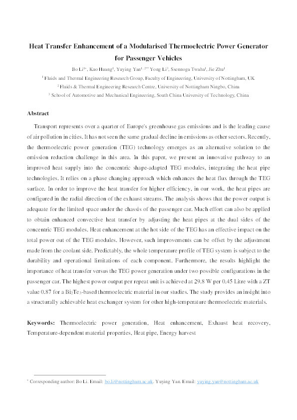 Heat transfer enhancement of a modularised thermoelectric power generator for passenger vehicles Thumbnail