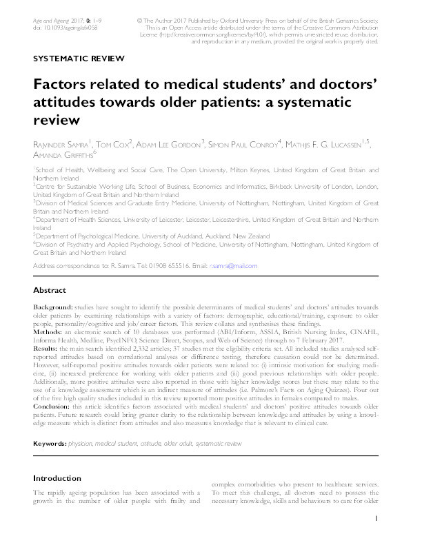 Factors related to medical students’ and doctors’ attitudes towards older patients: a systematic review Thumbnail