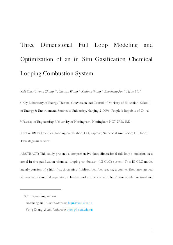 Three-dimensional full loop modeling and optimization of an in situ gasification chemical looping combustion system Thumbnail