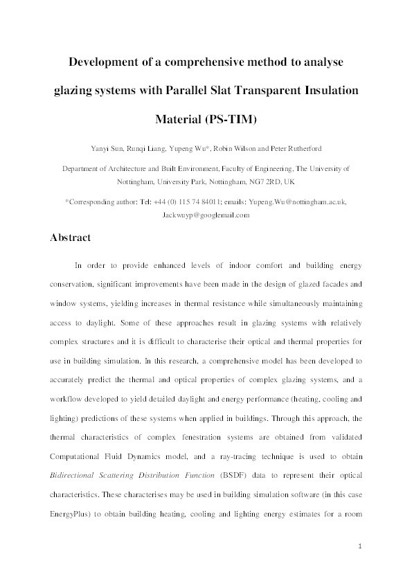 Development of a comprehensive method to analyse glazing systems with Parallel Slat Transparent Insulation material (PS-TIM) Thumbnail