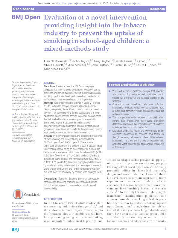 Evaluation of a novel intervention providing insight into the tobacco industry to prevent the uptake of smoking in school-aged children: a mixed-methods study Thumbnail