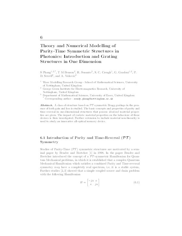 Theory and numerical modelling of parity-time symmetric structures in photonics: Introduction and grating structures in one dimension Thumbnail