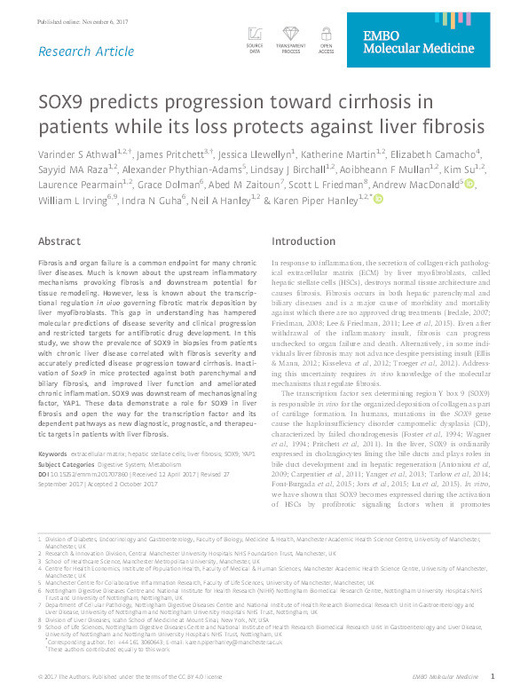 SOX9 predicts progression towards cirrhosis in patients while its loss protects against liver fibrosis Thumbnail